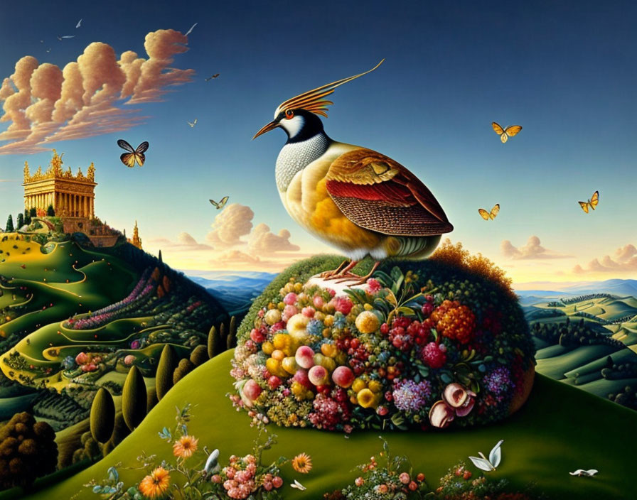 Colorful fantasy landscape with ornate bird, butterflies, and castle on hills