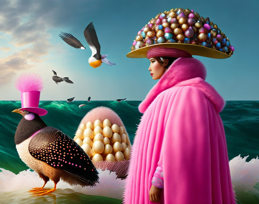 Person in Pink Cloak with Colorful Egg Hat and Bird in Top Hat by Water