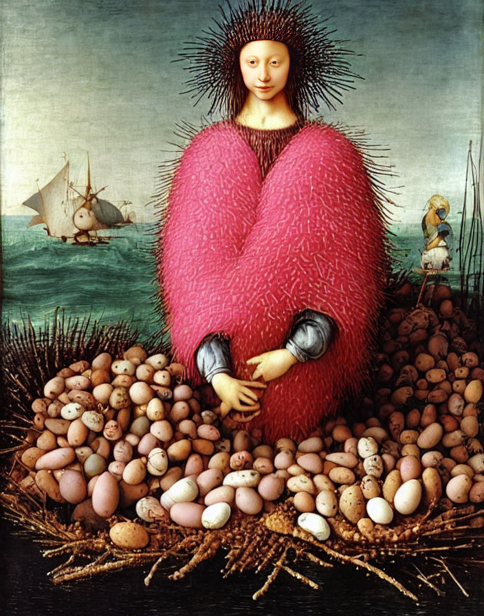 Surreal artwork of person with elongated neck in heart-shaped outfit among eggs by shore