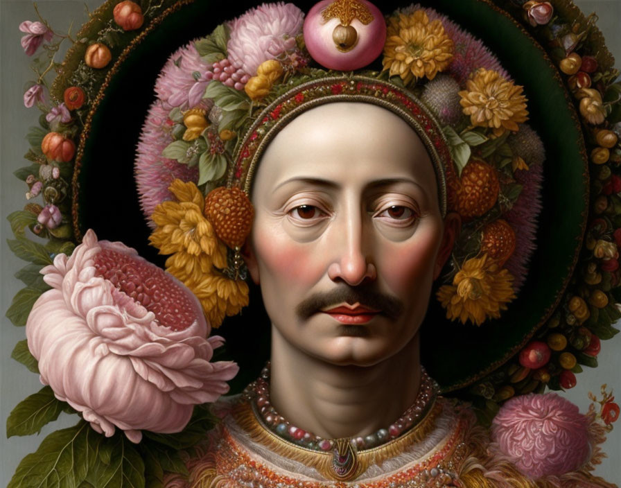 Portrait of stern-faced man with mustache in lavish floral headdress and intricate clothing blending human and botanical