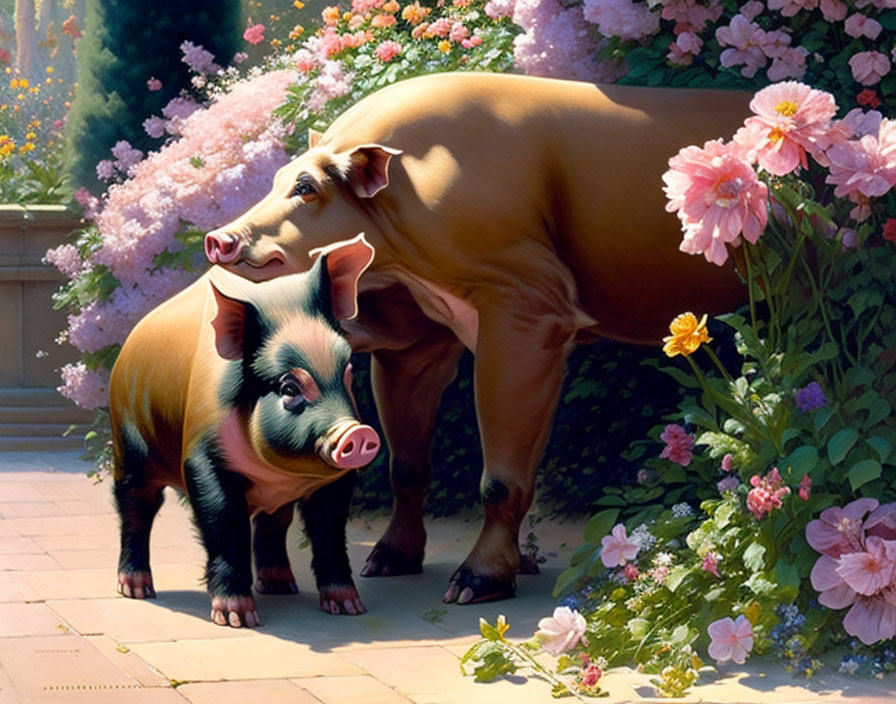 Adult pig and piglet in lush flower garden with detailed foliage