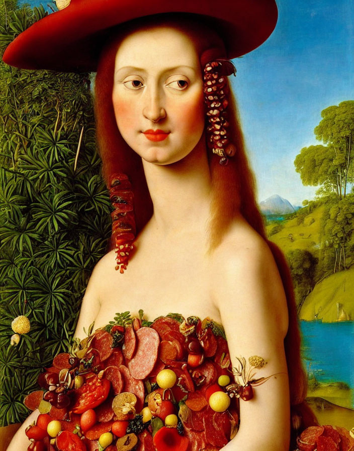 Woman in Red Hat Covered with Fruit and Meat in Verdant Landscape