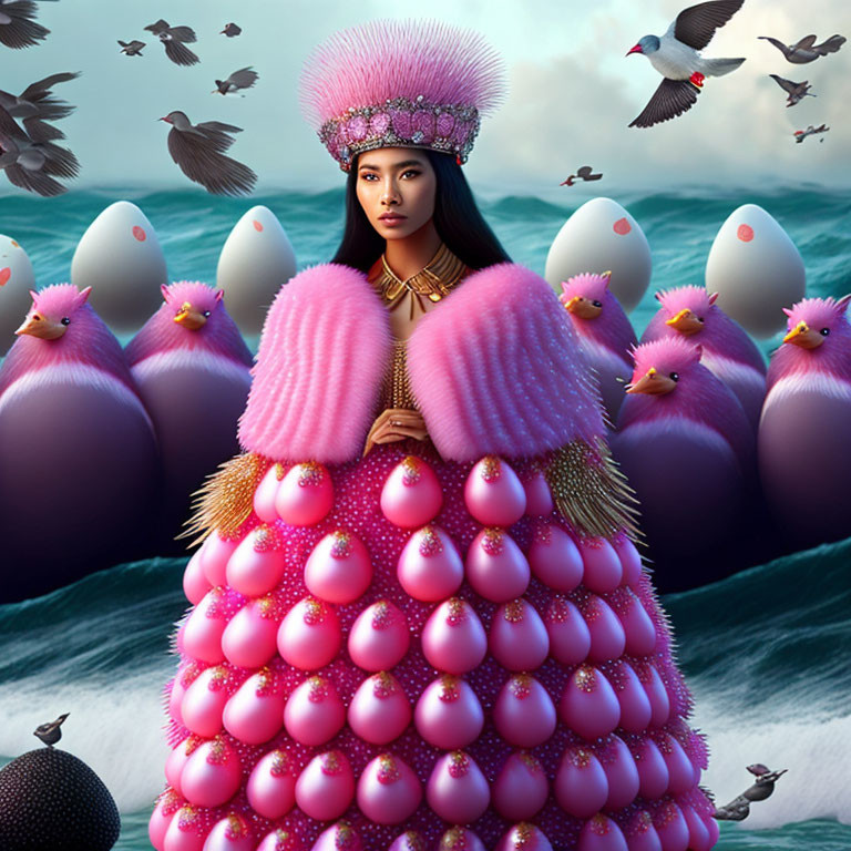 Woman in pink dress with egg ornaments and feathered headdress among oversized eggs and seagulls by