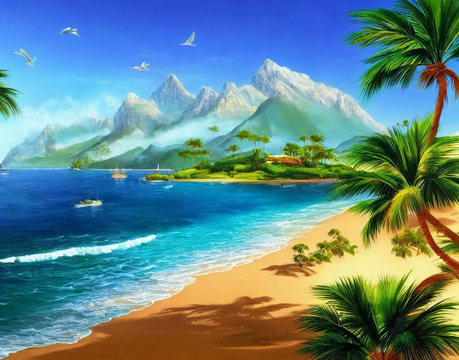 Tropical beach with palm trees, blue water, boats, mountains, and sunny sky.