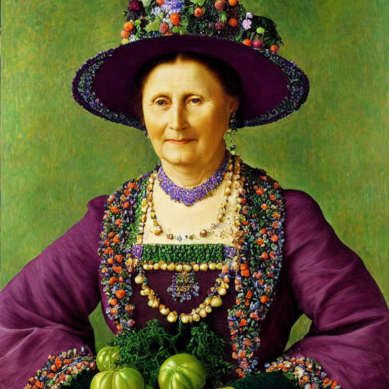 Elderly woman in purple outfit with fruit and vegetable hat