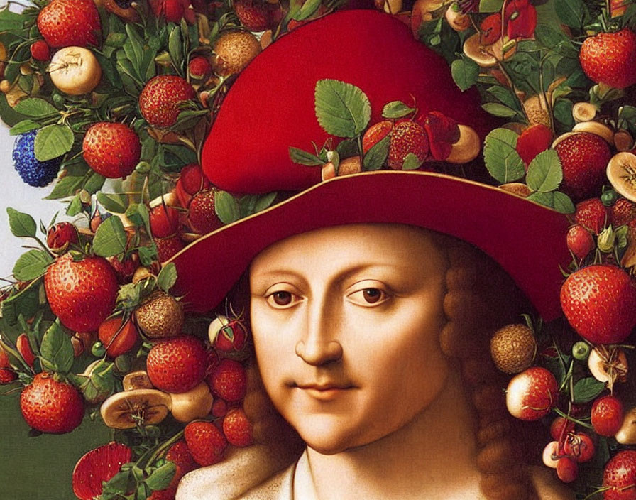 Portrait of a person in a red hat with fruits in lush setting