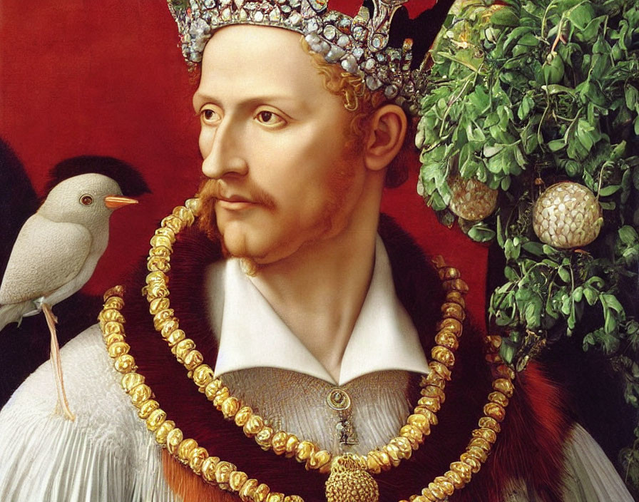 Portrait of a man with elaborate headgear and bird on a branch