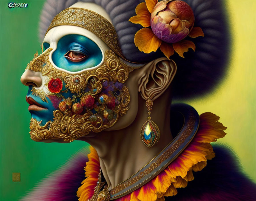 Vibrant portrait of a person wearing a decorative mask with floral, feather, and jewel details