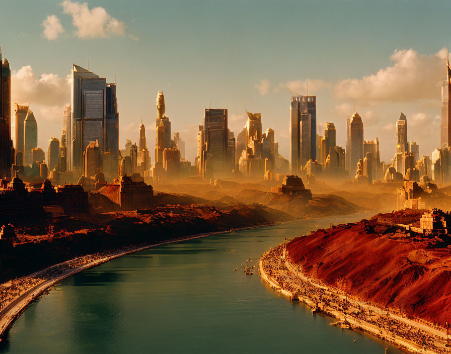 Futuristic cityscape with towering skyscrapers and river under golden sky