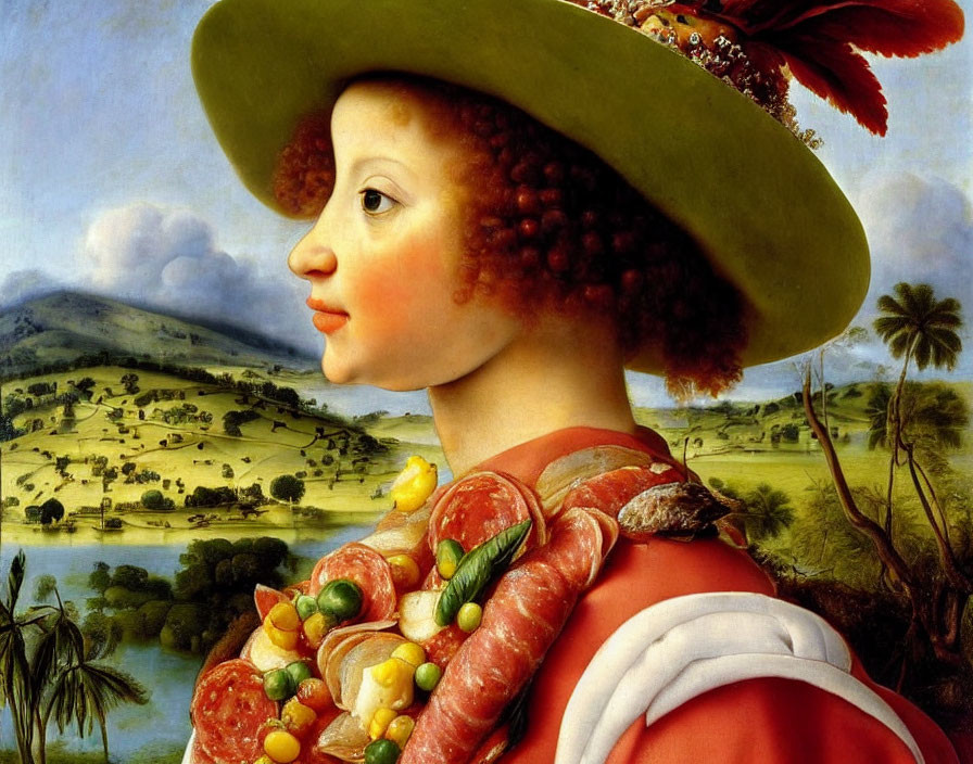 Portrait of a person wearing a food-adorned hat in a serene landscape