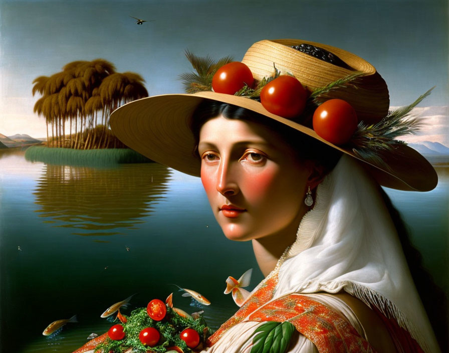 Woman in straw hat with tomatoes by serene lake with palm trees.