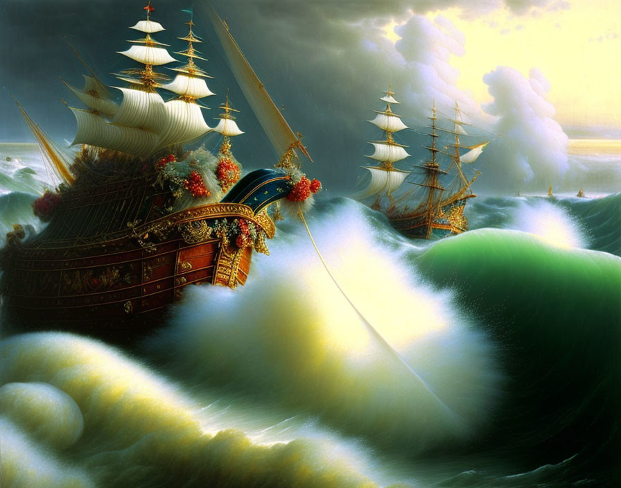 Elaborately decorated sailing ships in stormy green ocean.