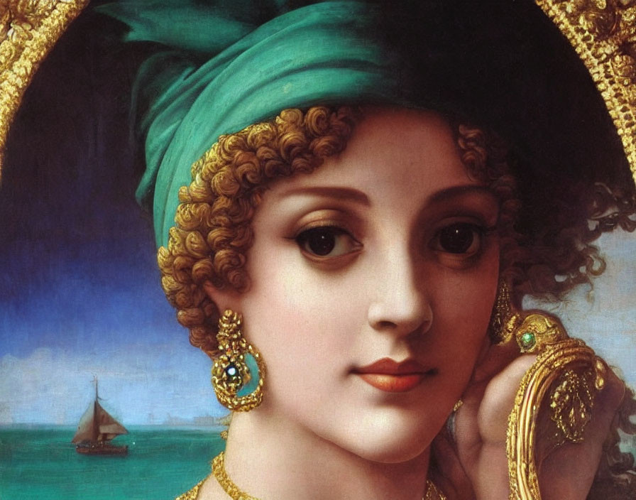 Portrait of a woman with green turban, golden curls, earrings, and ocean view.