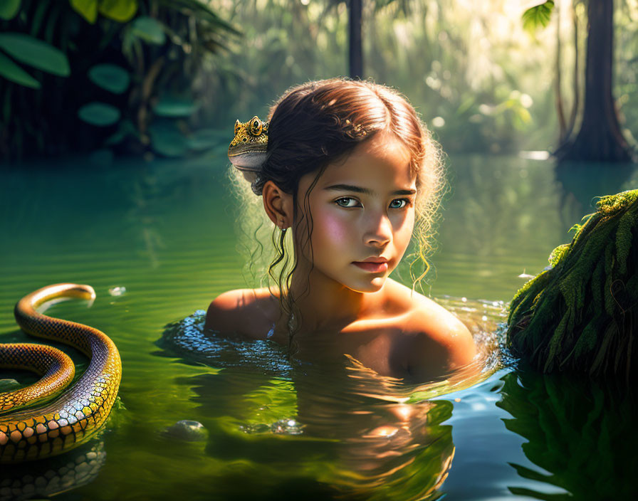 Young girl with crown emerges from green-water pond with snake and lush foliage.