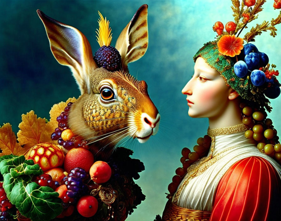 Surreal composite image: woman with fruit headdress & hare face on blue background