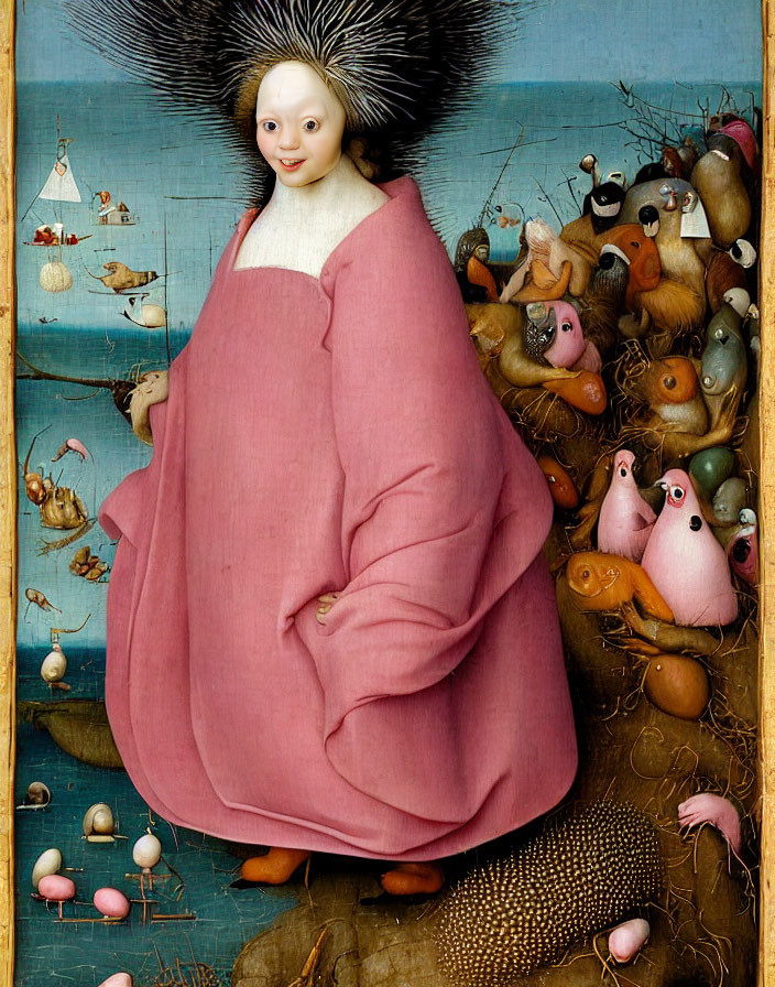 Surreal Artwork: Giant Child-like Figure in Pink Garment with Peculiar Creatures