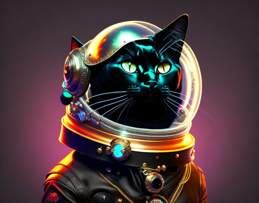 Cat with galaxy fur in astronaut helmet and space suit.