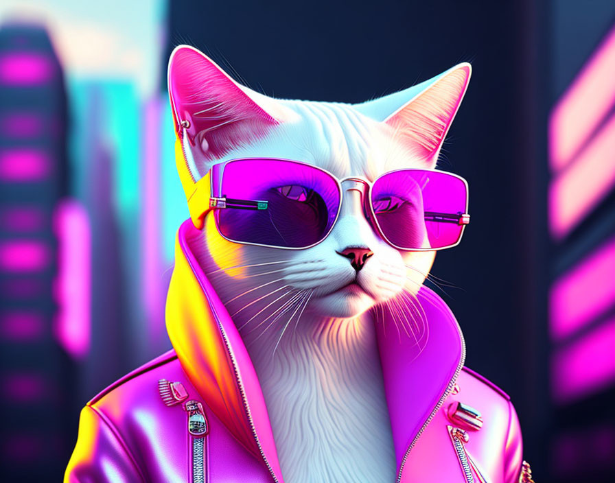 Fashionable Cat in Pink Sunglasses & Purple Jacket in Neon Cityscape