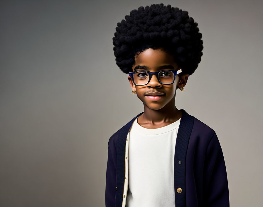 Young person with large afro and glasses in white shirt and navy blazer.