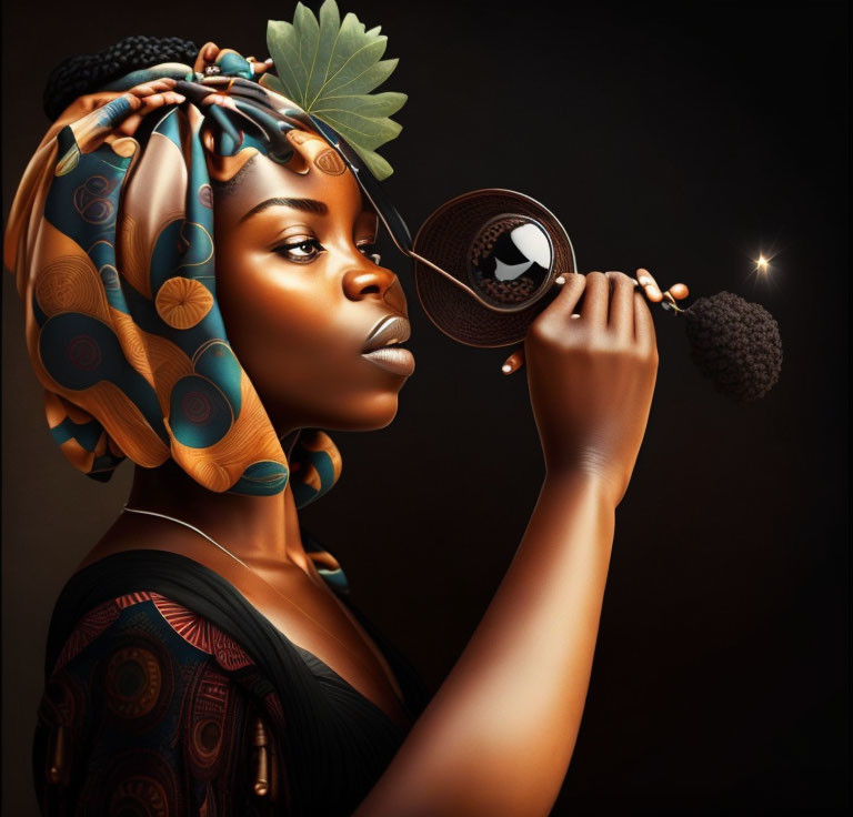 Colorful Headwrap Woman Holding Mirror Reflecting Crescent Moon & Dandelion Seed