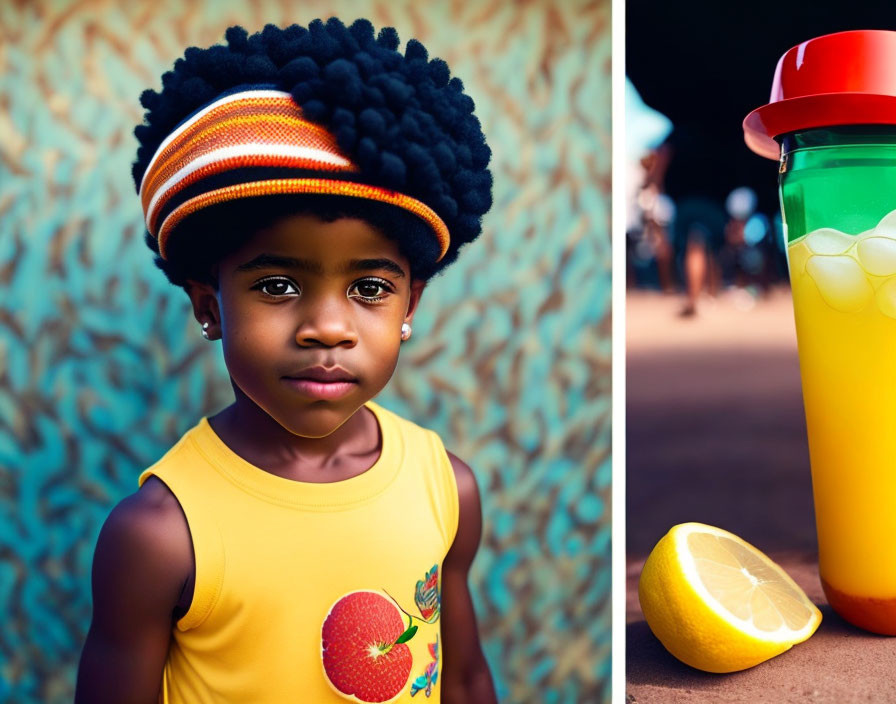 Child in Colorful Striped Hat and Fruit Top with Lemon Beverage