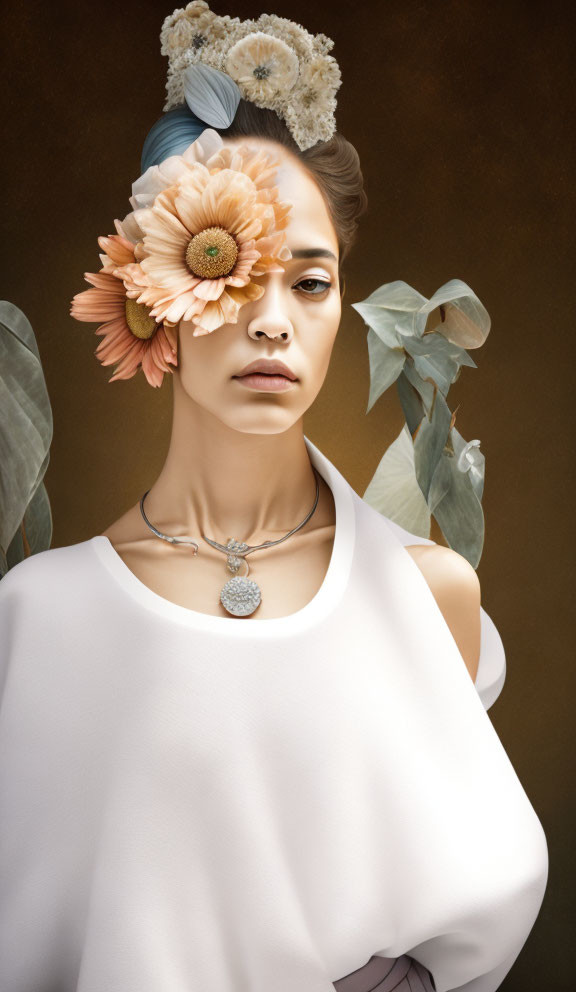 Woman with floral hair adornments in white top against warm backdrop