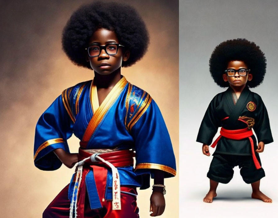 Children in colorful martial arts uniforms with belts, showcasing confident poses