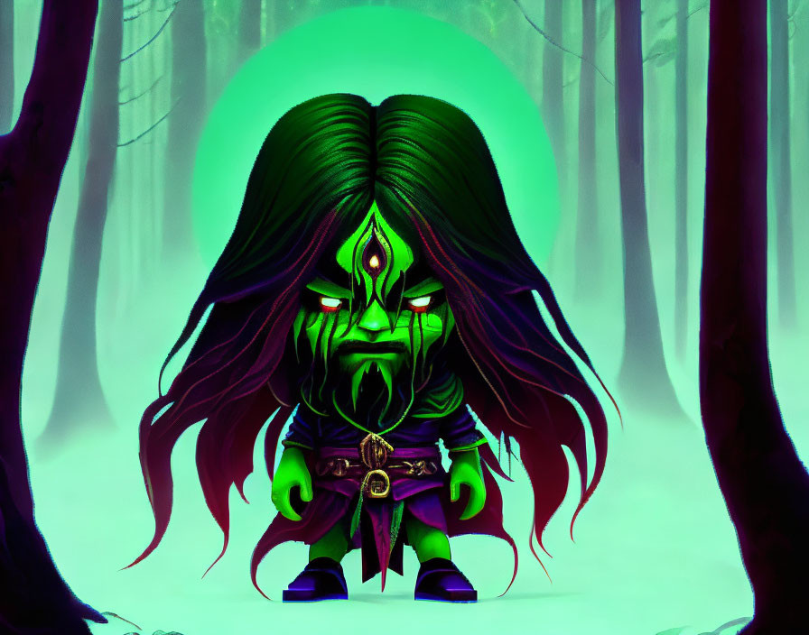 Animated green-skinned character with glowing symbol in misty forest