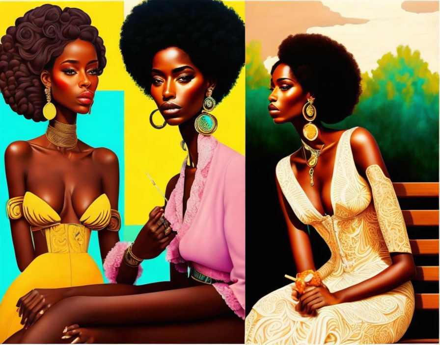 Stylized illustrations of women with afros in elegant attire against vibrant backdrops