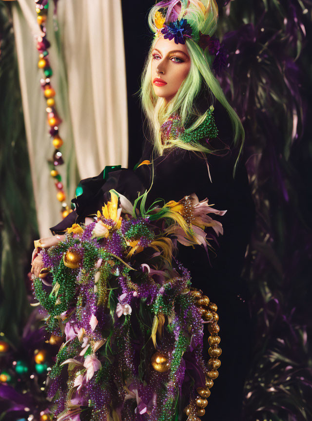 Vibrant makeup and green hair with floral adornments in black outfit with colorful beads and purple accents