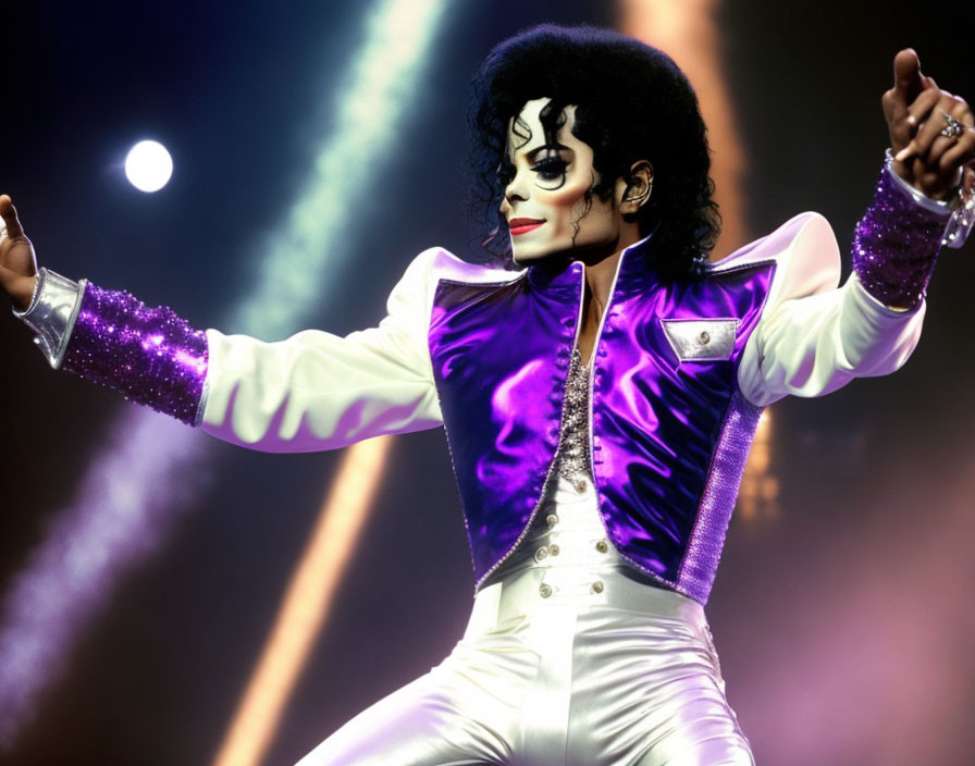 Sparkling Purple Jacket and White Gloves Pose on Stage