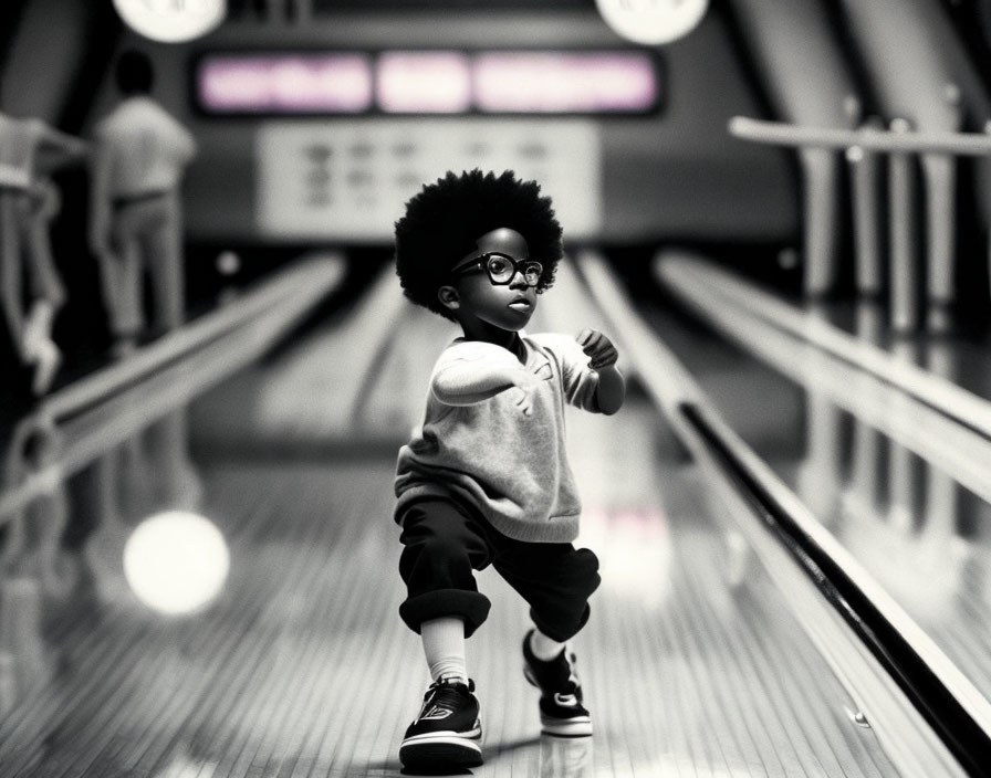 Child with glasses and fluffy hair bowling at alley