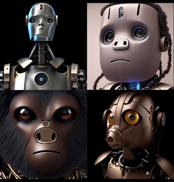 Stylized humanoid and simian robot close-up images with intricate metallic details