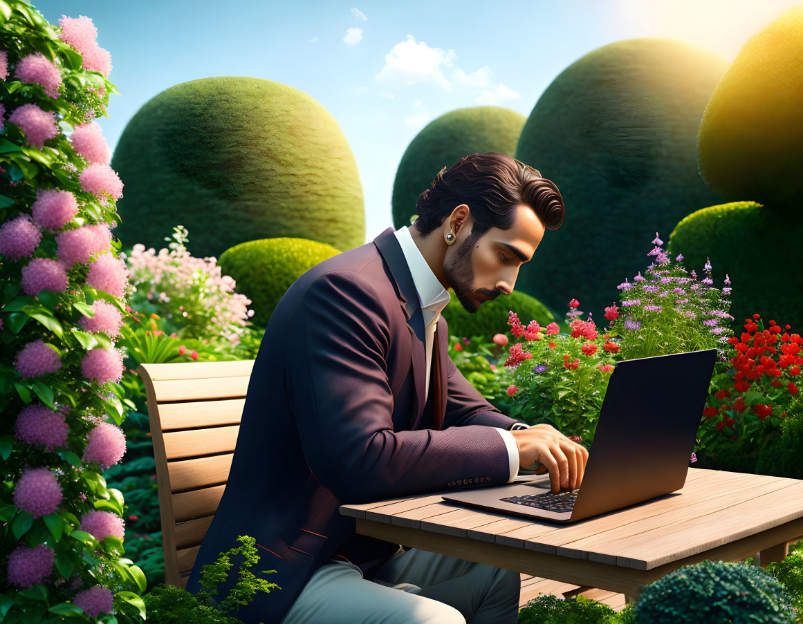 Bearded man in suit working on laptop in lush outdoor setting