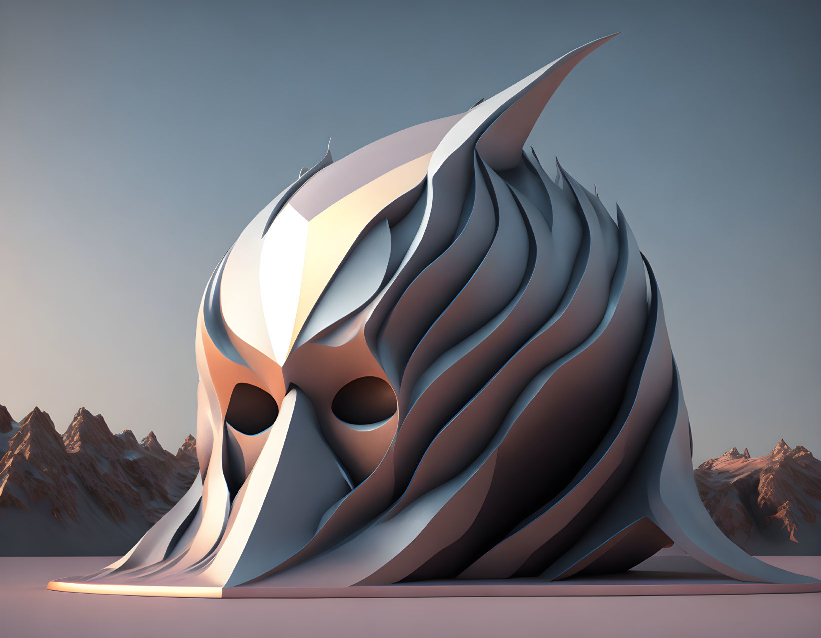 Metallic mask sculpture with fluid lines against mountain backdrop