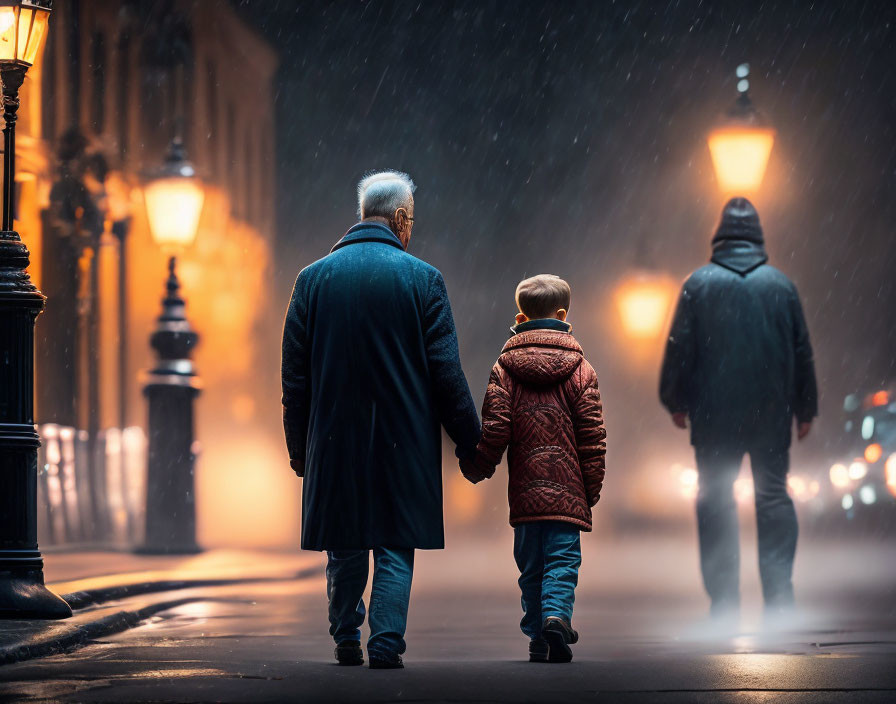 Elderly Man and Young Boy Walking on Snowy Night Street