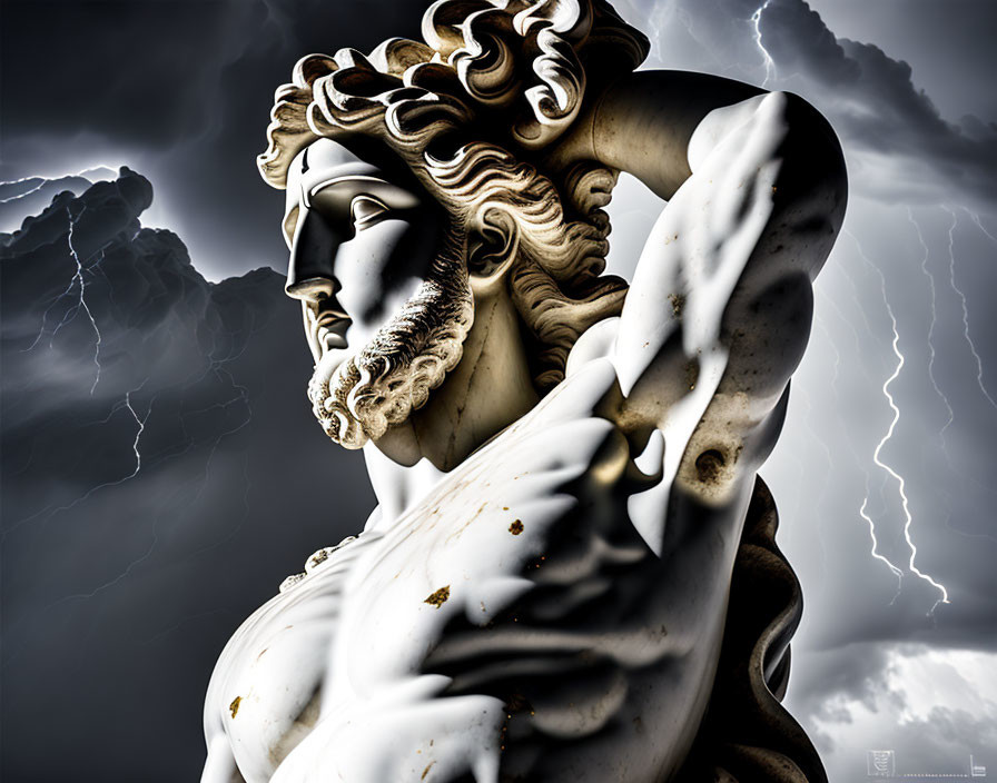 Classical sculpture with flowing hair and beard under stormy sky