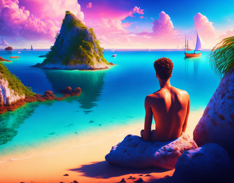 Person admiring sunset beach scene with sailboats and colorful islands