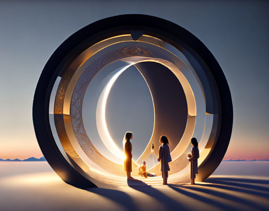 Four individuals at futuristic circular portal watching sunset horizon