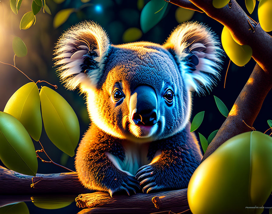 Adorable koala on branch surrounded by lush green leaves and glowing fruits