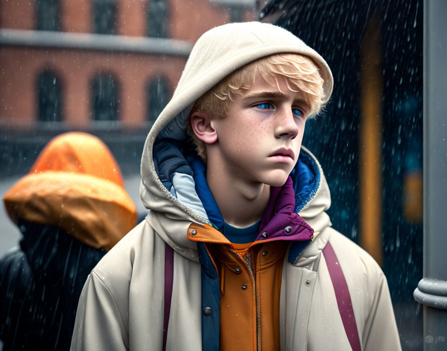 Blond-haired young person in beige jacket with colorful scarf in the rain