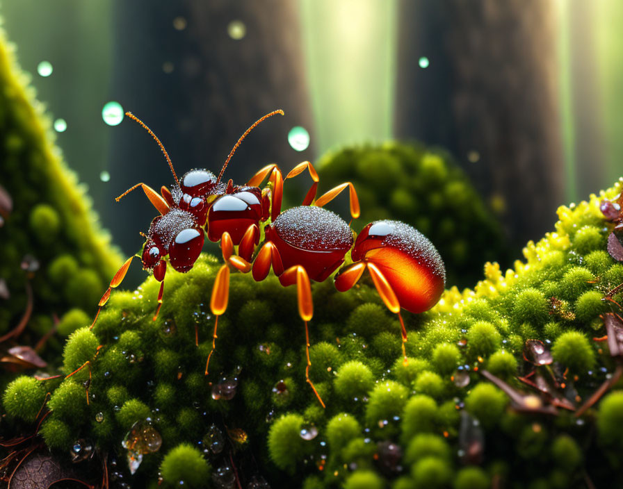 Ants on green moss with dew drops under soft sunlight.