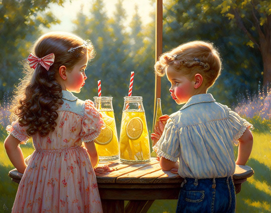 Children standing at outdoor lemonade stand with jars and straws in sunny setting