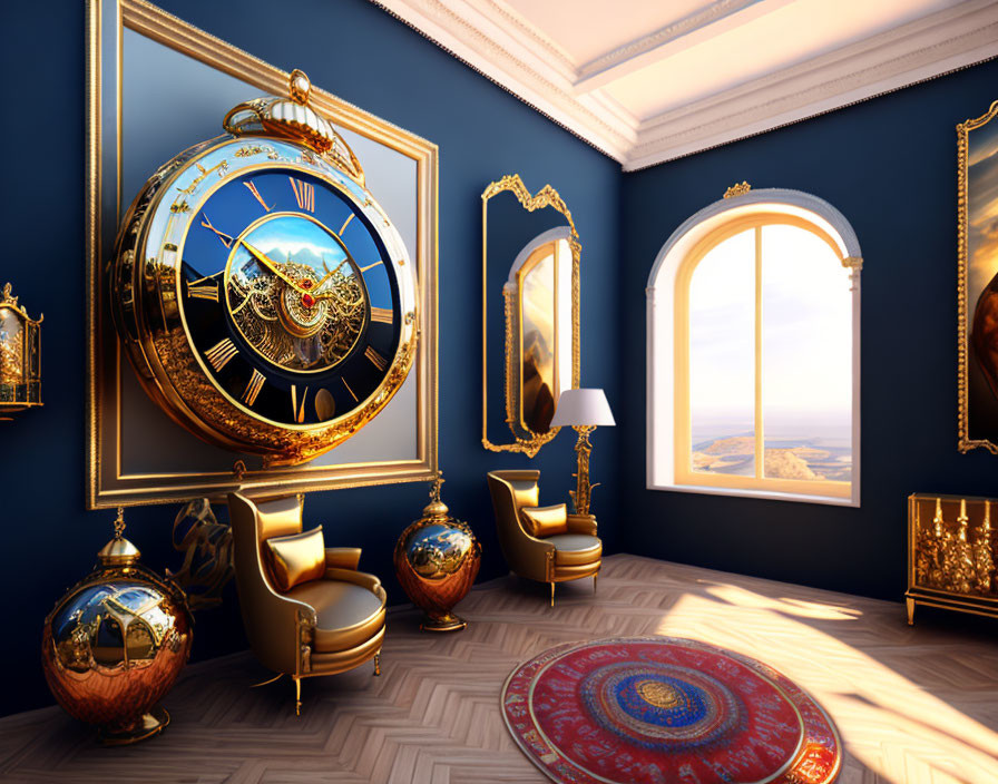 Elegant room with large golden clock, luxurious furniture, arched window, and patterned rug