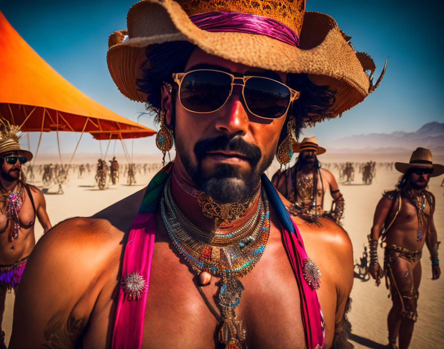 Man in Straw Hat and Sunglasses with Ornate Jewelry at Desert Gathering