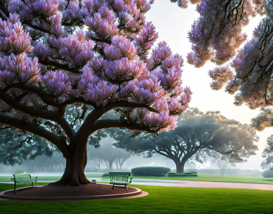 Tranquil park scene with green benches, large tree, purple blossoms, and misty morning