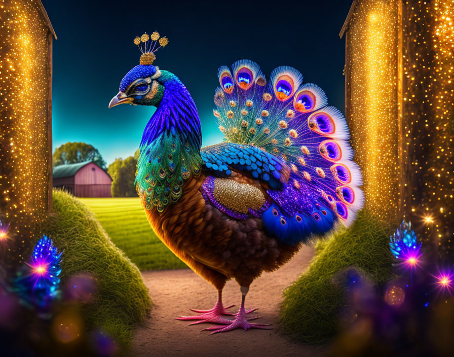 Colorful peacock with spread tail feathers under starry sky and barn, surrounded by glowing lights