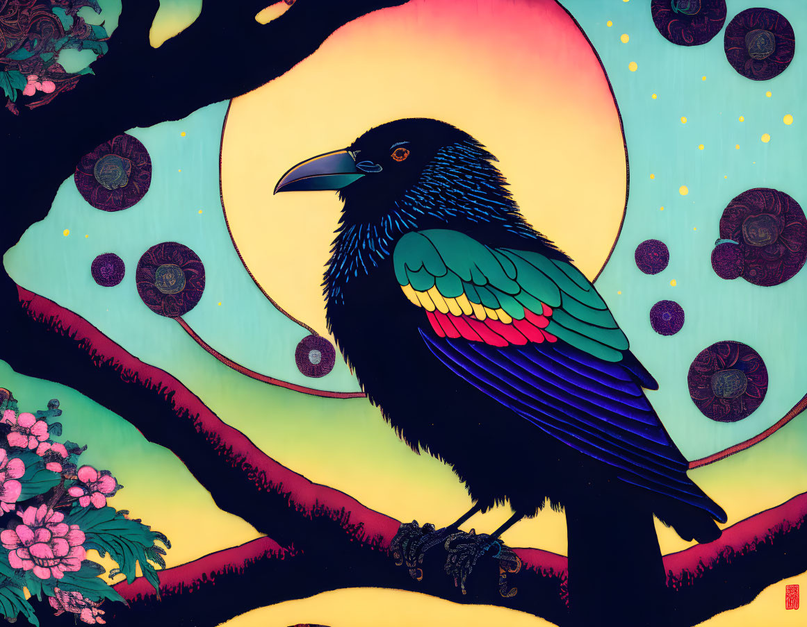 Vibrant bird illustration on branch with moon and floral background