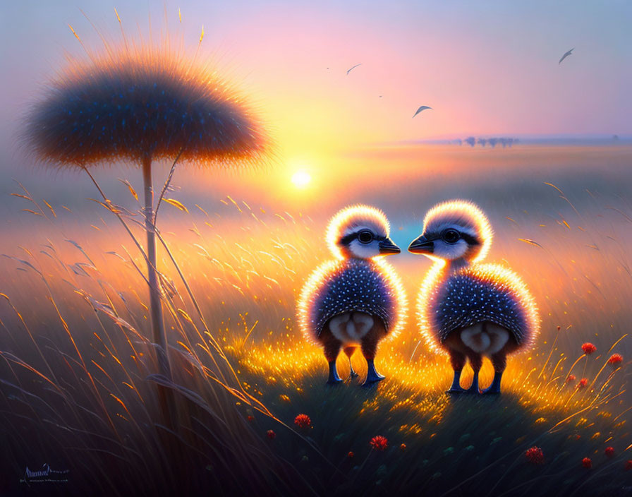 Glowing baby bird-like creatures in dreamy sunset field