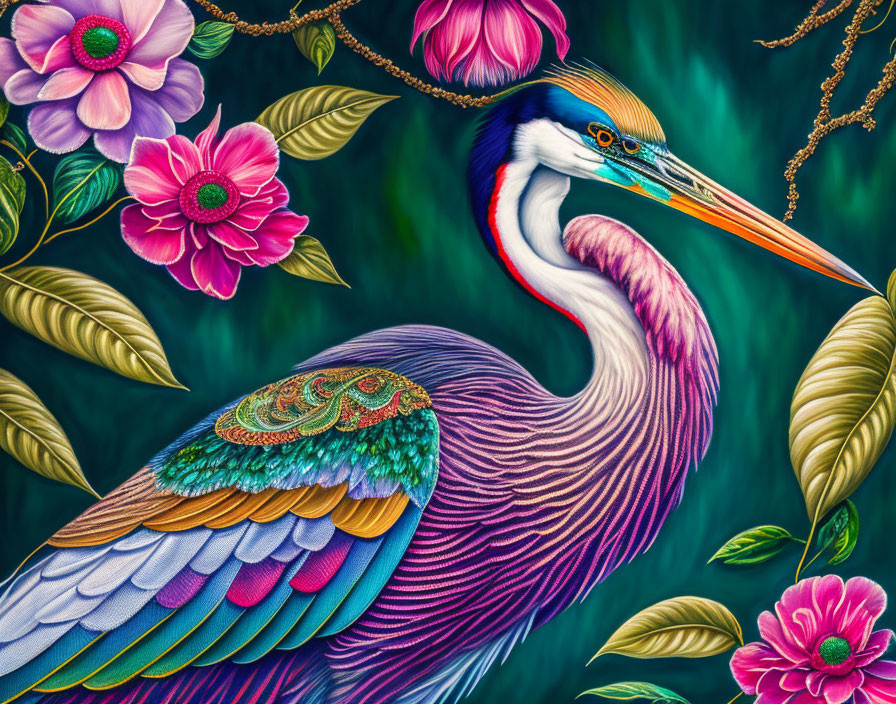 Colorful Heron Illustration with Feather Details and Floral Surroundings